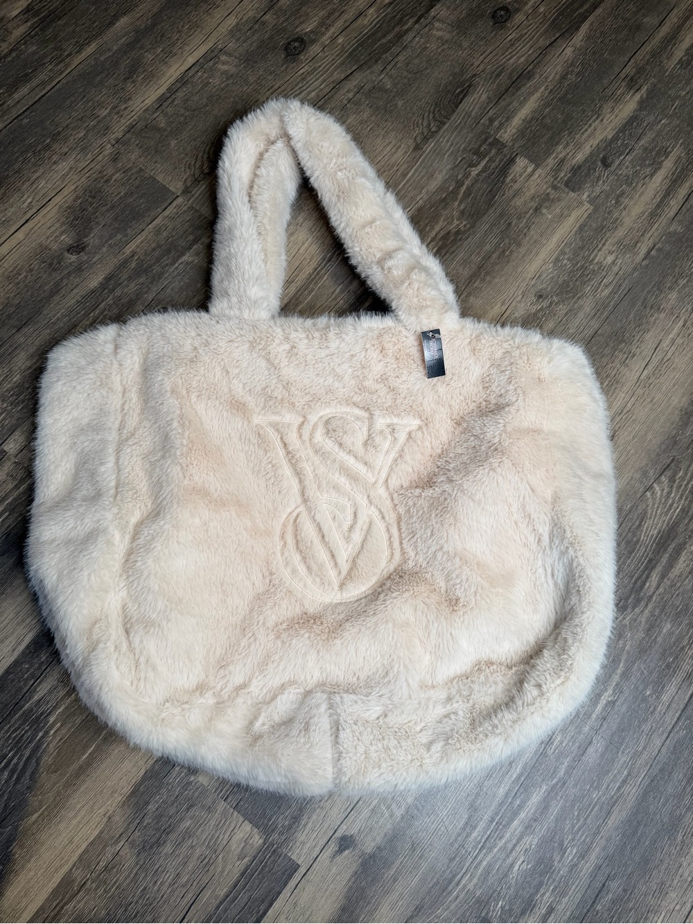 Victoria’s Secret Faux Fur Plush Tote Bag Ivory Cream VS Logo NWT $59.95